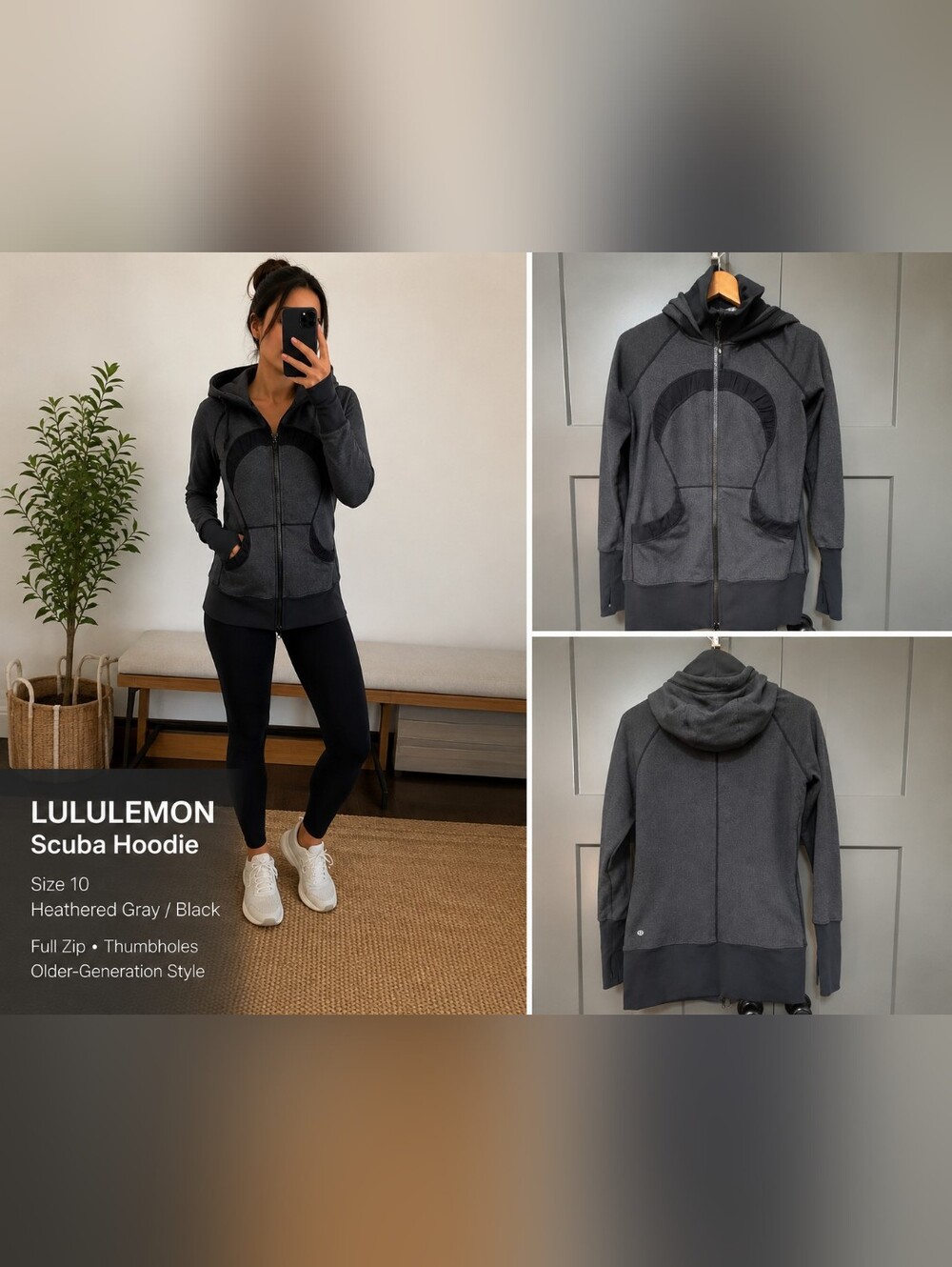 Lululemon Scuba Hoodie Size 10 Heathered Gray Black Full Zip Thumbholes